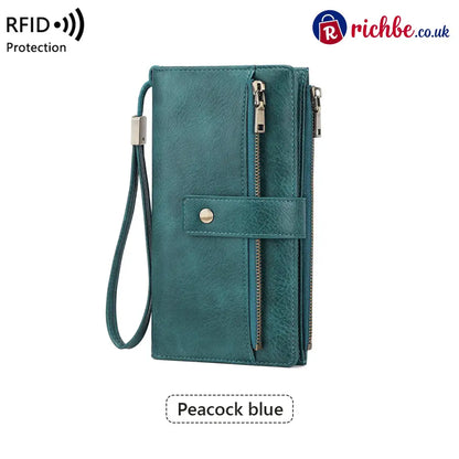 Women’s long wallet stylish clutch elegant solid color RFID blocking leather wallet👛 - Peacock blue