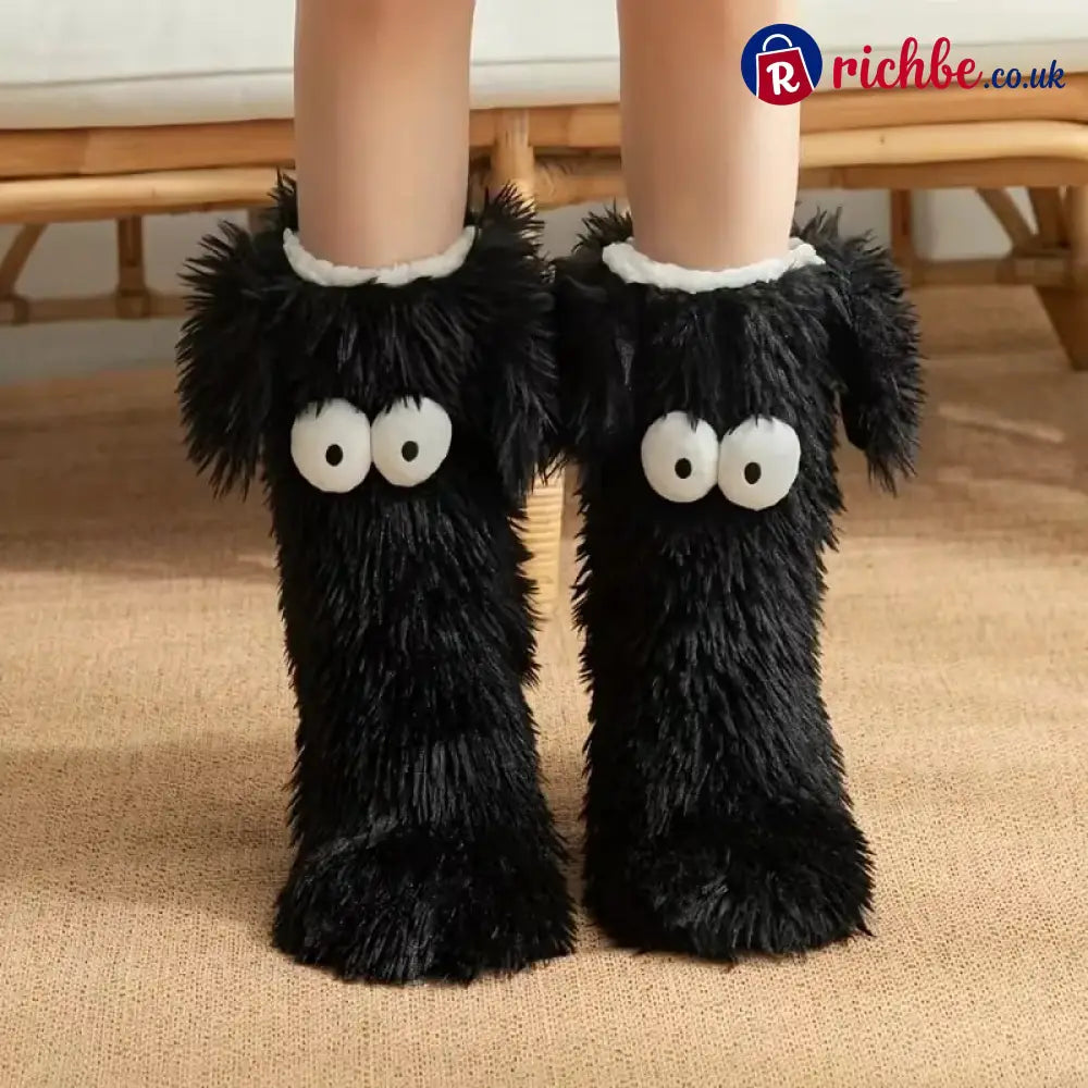 Women’s Plush Slippers Socks - Black-one size