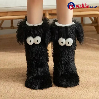 Women’s Plush Slippers Socks - Black-one size