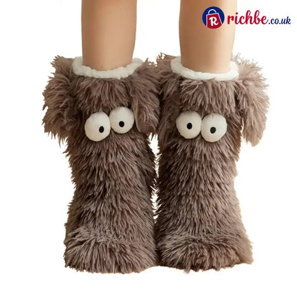Women’s Plush Slippers Socks - Brown-one size