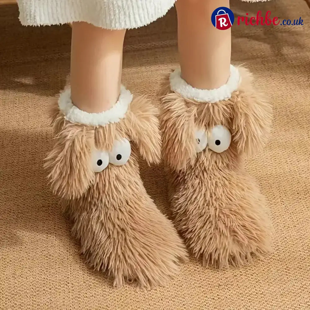 Women’s Plush Slippers Socks - Khaki-one size