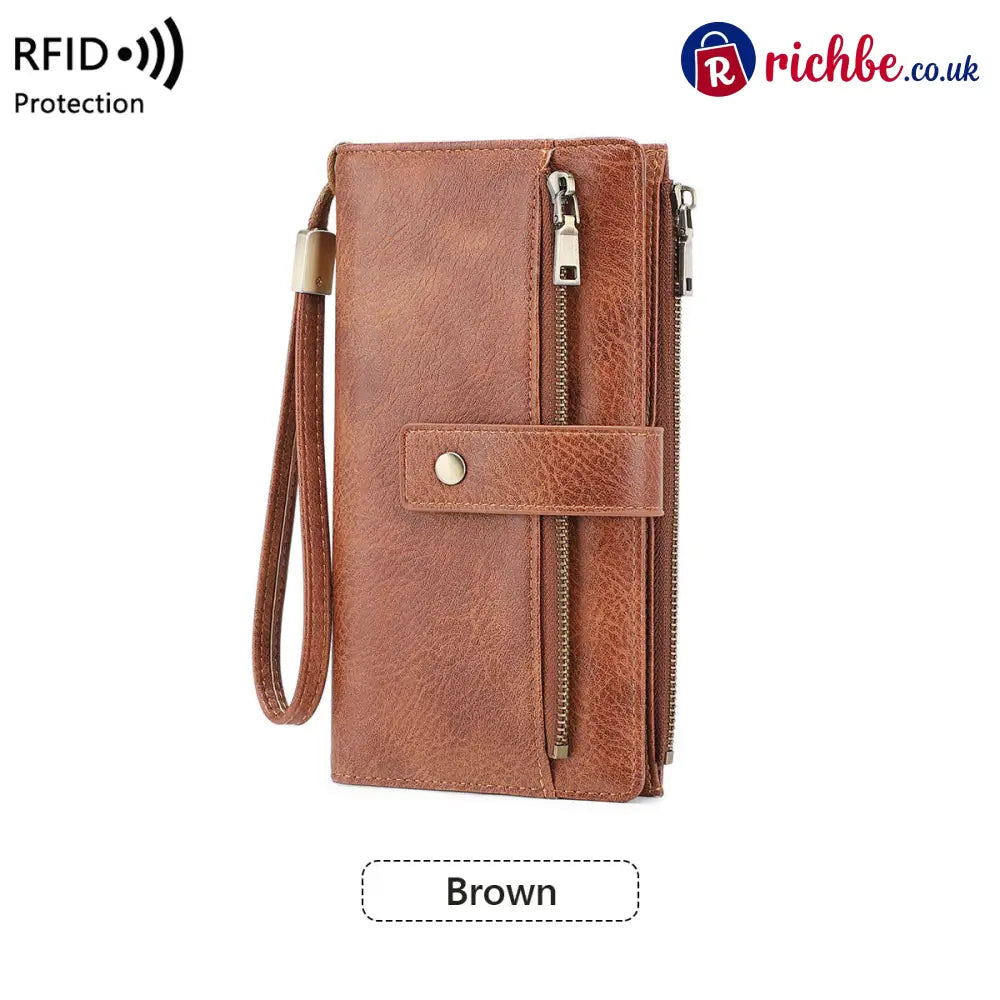 Women’s RFID Blocking Leather Wallet - Long / Brown
