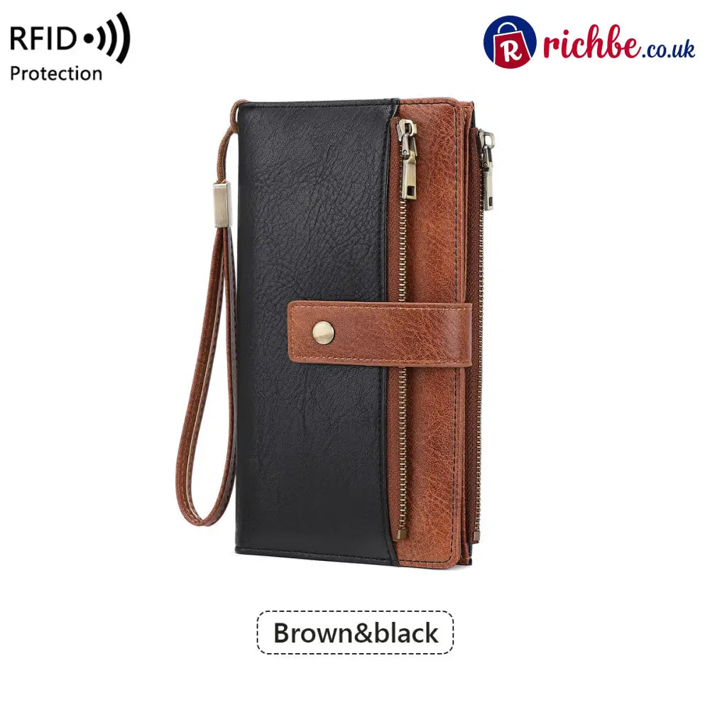 Women’s RFID Blocking Leather Wallet - Long / 🔥Brown & Black