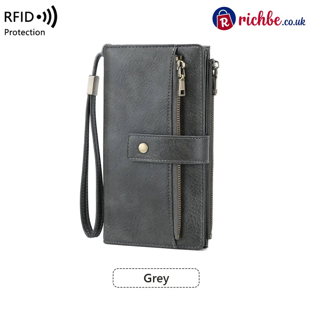Women’s RFID Blocking Leather Wallet - Long / Grey