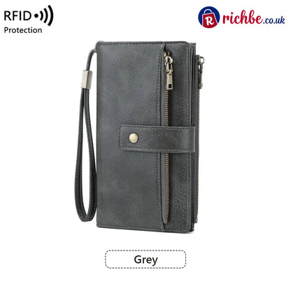 Women’s RFID Blocking Leather Wallet - Long / Grey