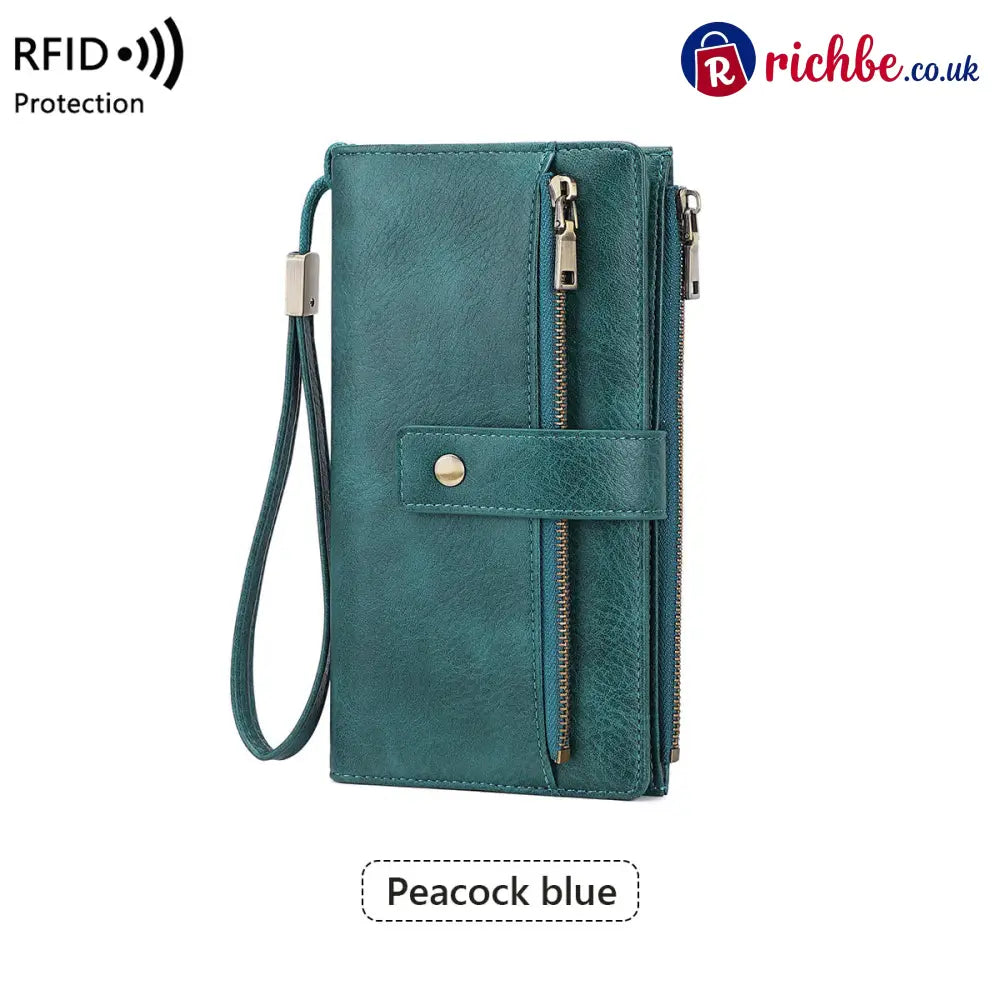 Women’s RFID Blocking Leather Wallet - Long / Peacock blue