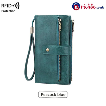 Women’s RFID Blocking Leather Wallet - Long / Peacock blue