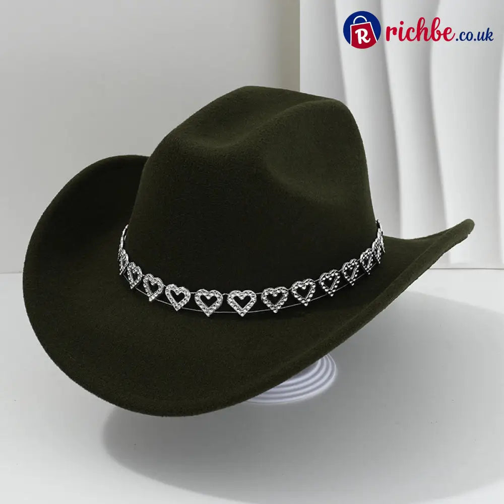 👒 Women’s Rhinestone Heart Cowboy Hat Elegant French Jazz Fedora❤️ - Army Green - Clothing & Accessories