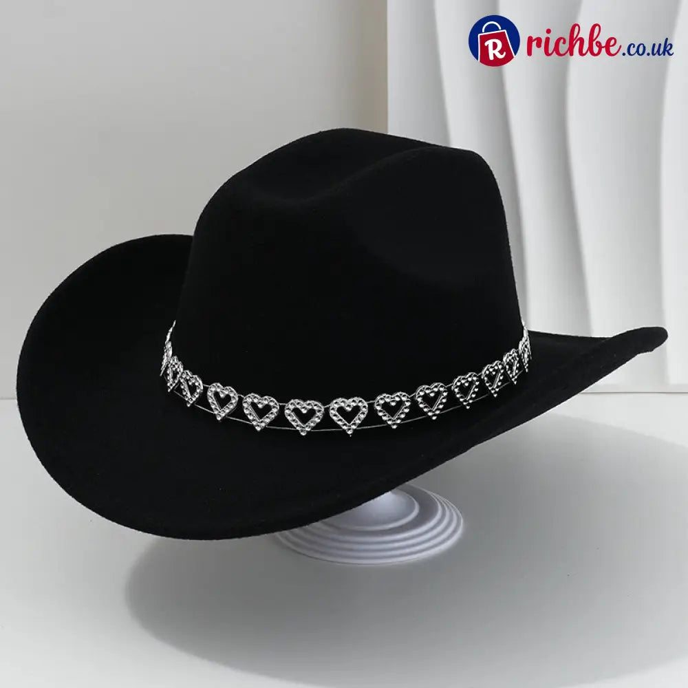👒 Women’s Rhinestone Heart Cowboy Hat Elegant French Jazz Fedora❤️ - Black - Clothing & Accessories