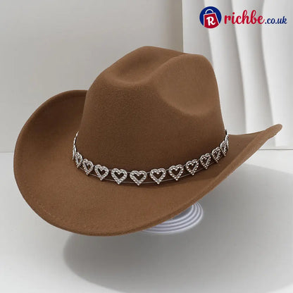 👒 Women’s Rhinestone Heart Cowboy Hat Elegant French Jazz Fedora❤️ - Camel - Clothing & Accessories