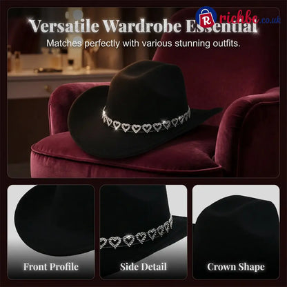 👒 Women’s Rhinestone Heart Cowboy Hat Elegant French Jazz Fedora❤️ - Clothing & Accessories