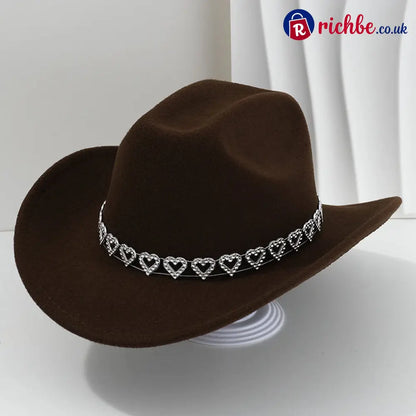 👒 Women’s Rhinestone Heart Cowboy Hat Elegant French Jazz Fedora❤️ - Dark Brown - Clothing & Accessories