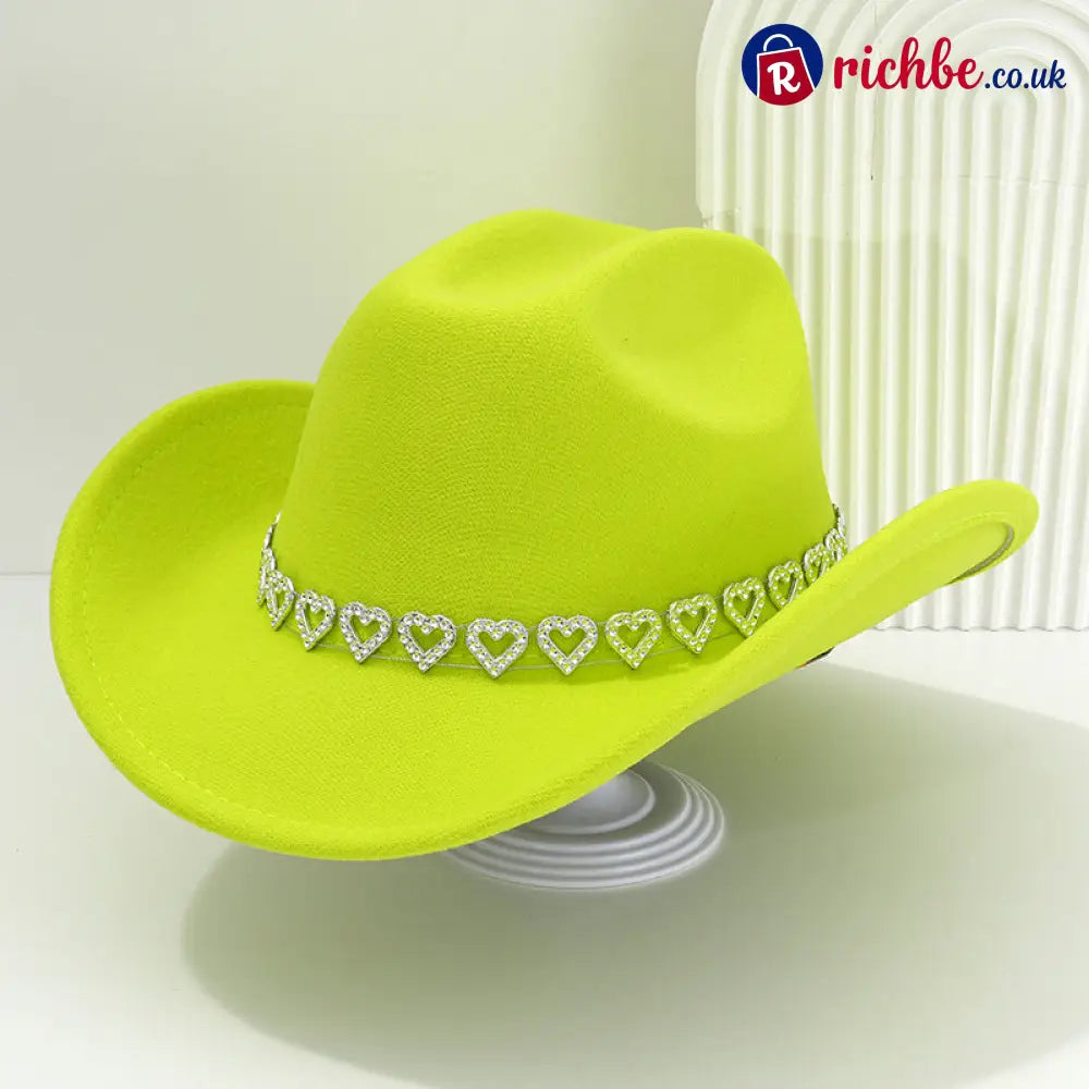 👒 Women’s Rhinestone Heart Cowboy Hat Elegant French Jazz Fedora❤️ - Fluorescent Yellow - Clothing & Accessories