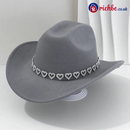 👒 Women’s Rhinestone Heart Cowboy Hat Elegant French Jazz Fedora❤️ - Grey - Clothing & Accessories