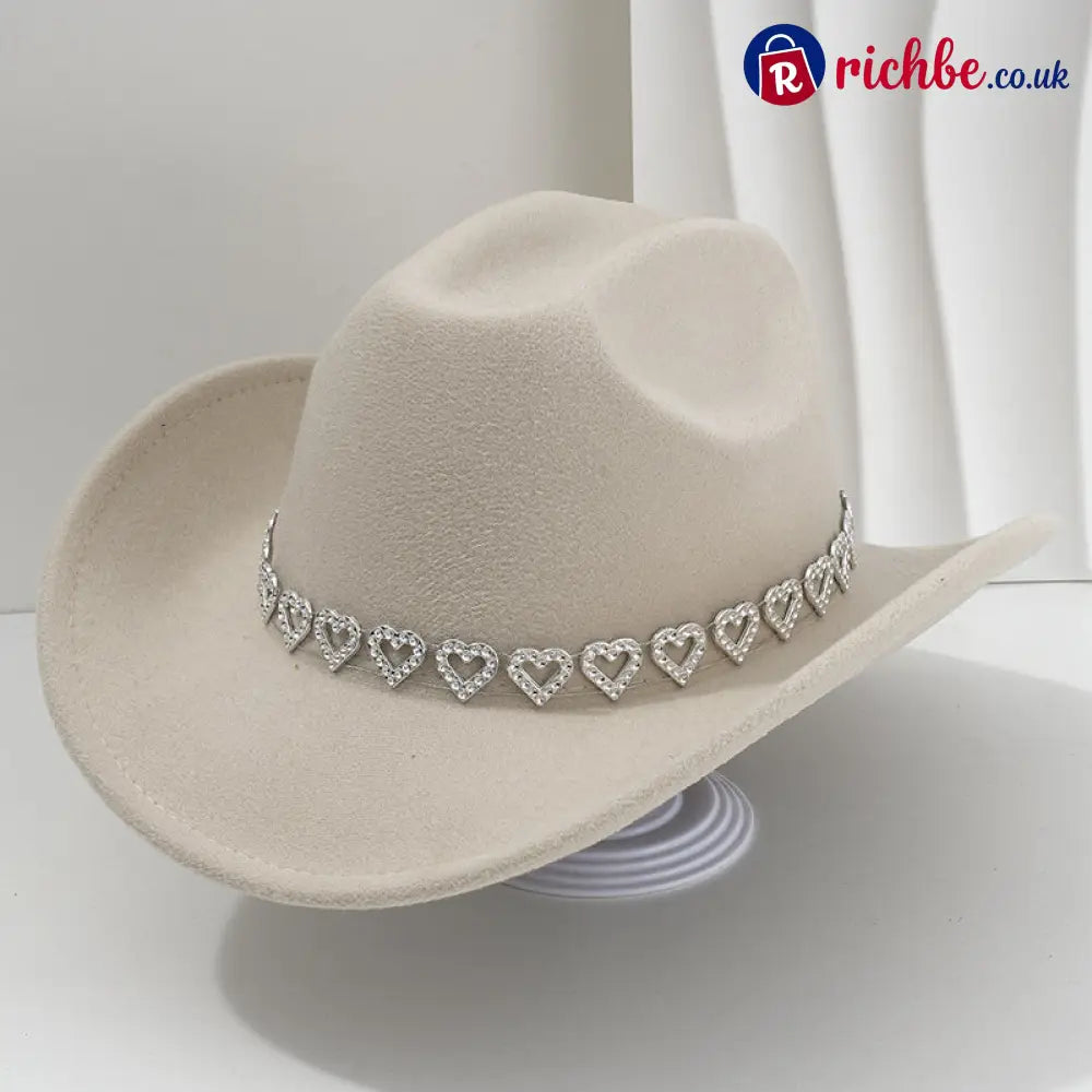 👒 Women’s Rhinestone Heart Cowboy Hat Elegant French Jazz Fedora❤️ - Ivory White - Clothing & Accessories