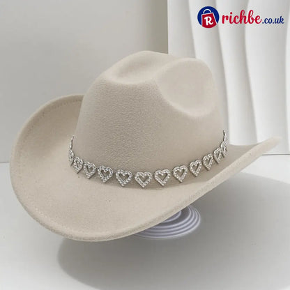👒 Women’s Rhinestone Heart Cowboy Hat Elegant French Jazz Fedora❤️ - Ivory White - Clothing & Accessories