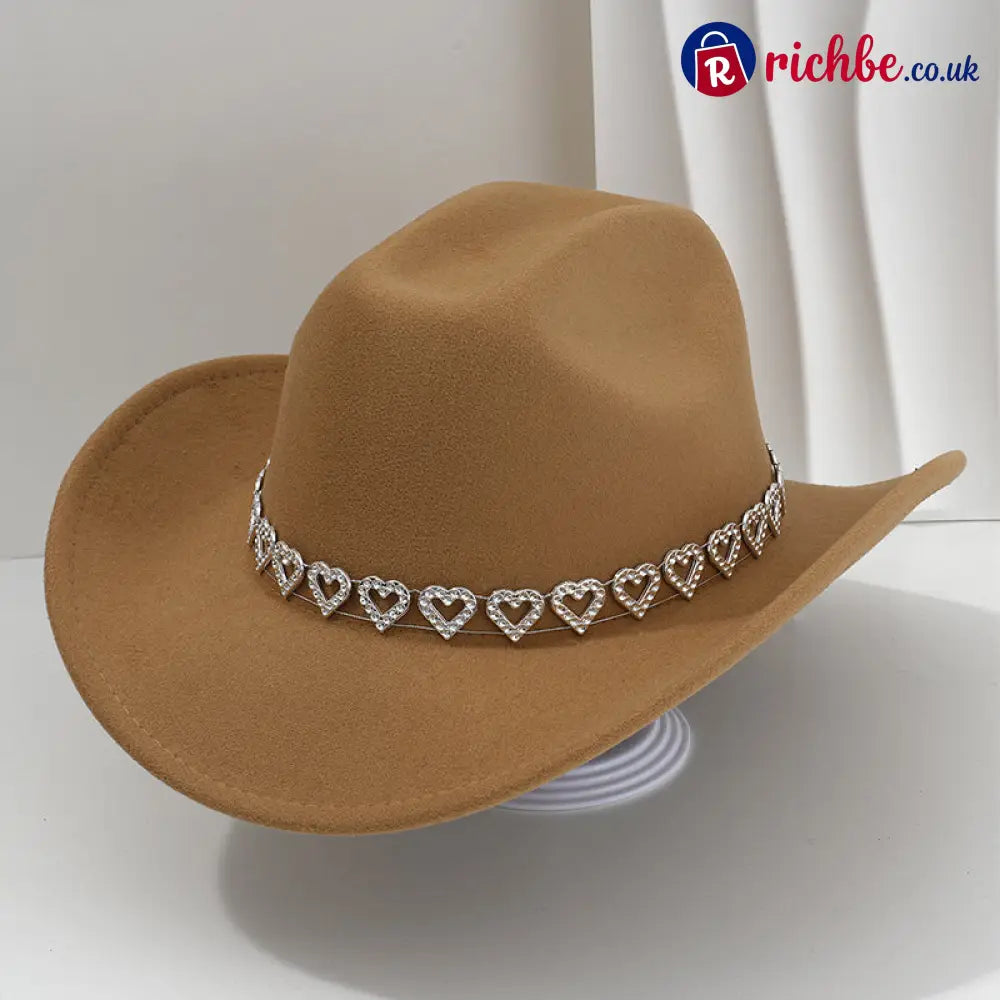 👒 Women’s Rhinestone Heart Cowboy Hat Elegant French Jazz Fedora❤️ - Khaki - Clothing & Accessories