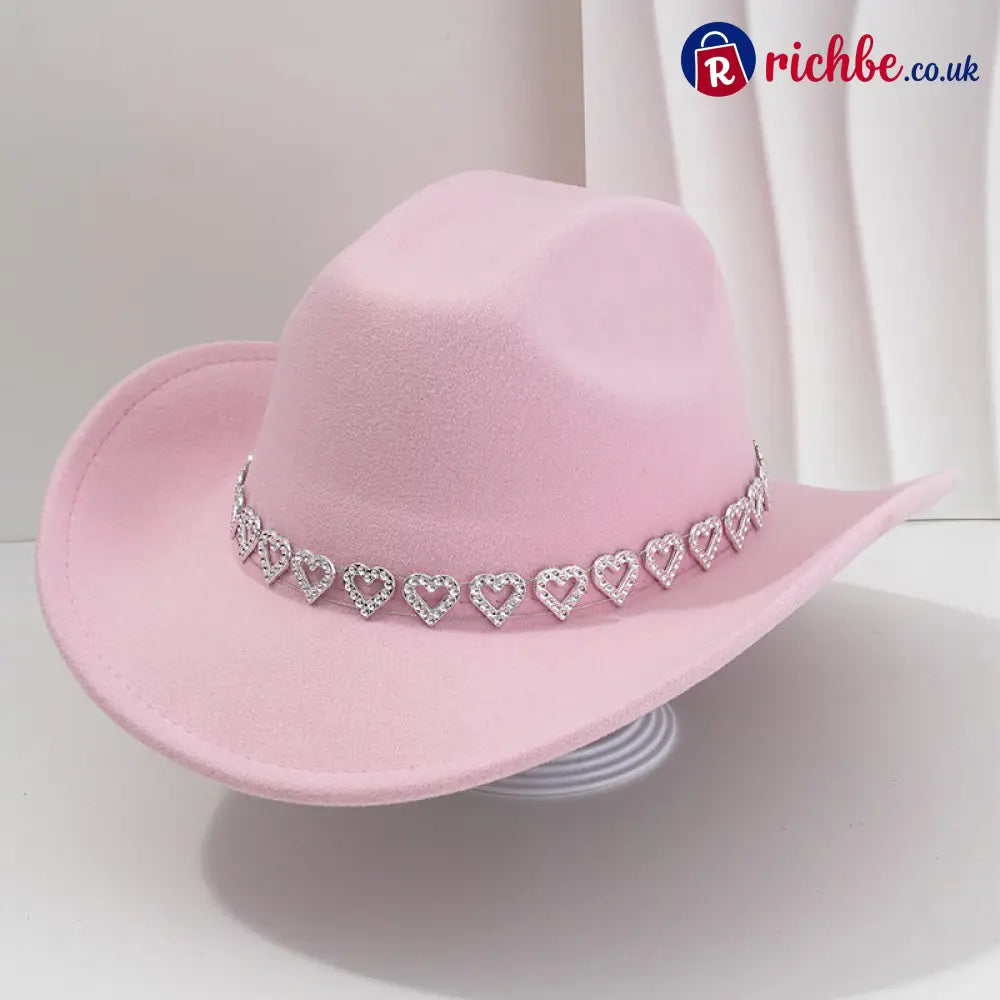 👒 Women’s Rhinestone Heart Cowboy Hat Elegant French Jazz Fedora❤️ - Light Pink - Clothing & Accessories