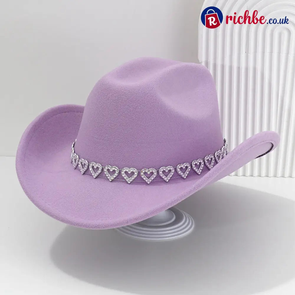 👒 Women’s Rhinestone Heart Cowboy Hat Elegant French Jazz Fedora❤️ - Light Purple - Clothing & Accessories