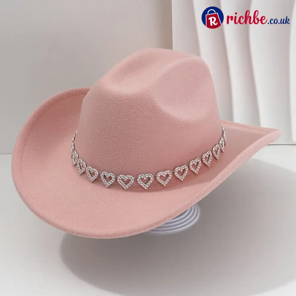 👒 Women’s Rhinestone Heart Cowboy Hat Elegant French Jazz Fedora❤️ - Lotus Root Pink - Clothing & Accessories
