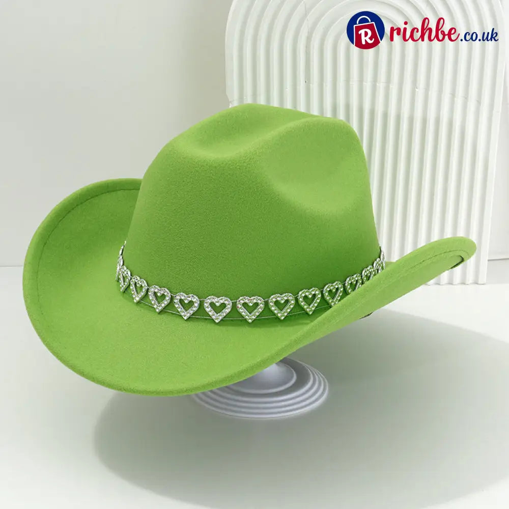 👒 Women’s Rhinestone Heart Cowboy Hat Elegant French Jazz Fedora❤️ - Matcha Green - Clothing & Accessories