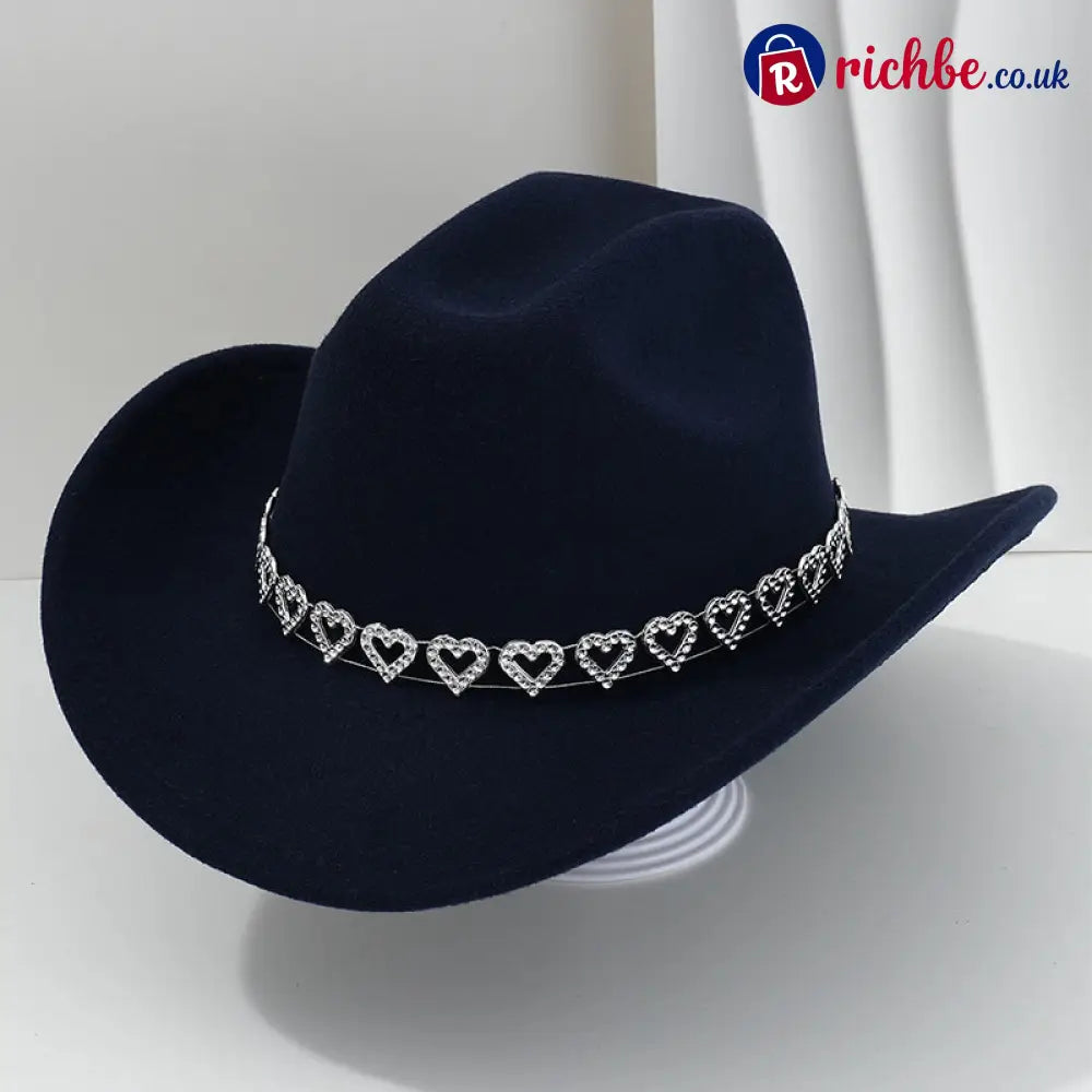 👒 Women’s Rhinestone Heart Cowboy Hat Elegant French Jazz Fedora❤️ - Navy Blue - Clothing & Accessories