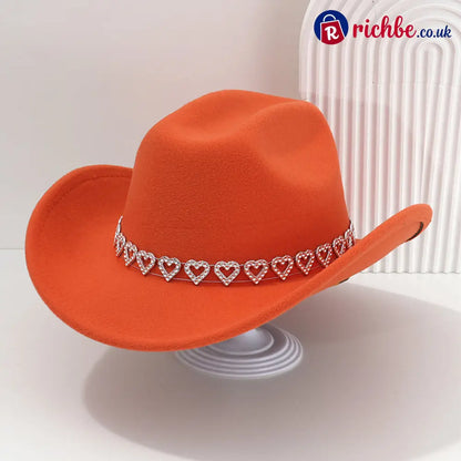 👒 Women’s Rhinestone Heart Cowboy Hat Elegant French Jazz Fedora❤️ - Orange Red - Clothing & Accessories