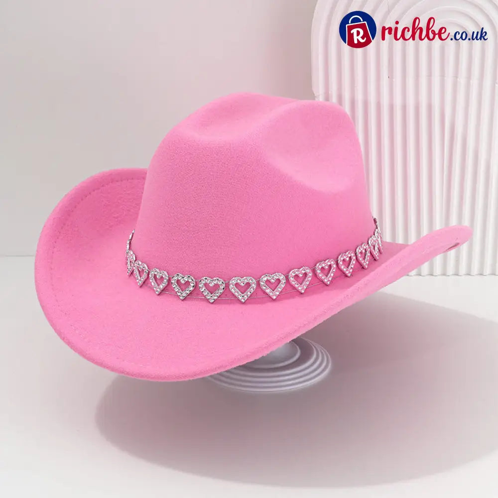 👒 Women’s Rhinestone Heart Cowboy Hat Elegant French Jazz Fedora❤️ - Pink - Clothing & Accessories