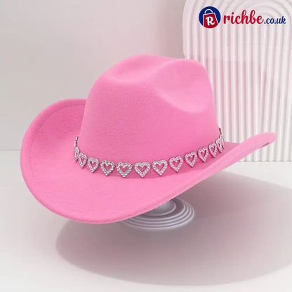 👒 Women’s Rhinestone Heart Cowboy Hat Elegant French Jazz Fedora❤️ - Pink - Clothing & Accessories