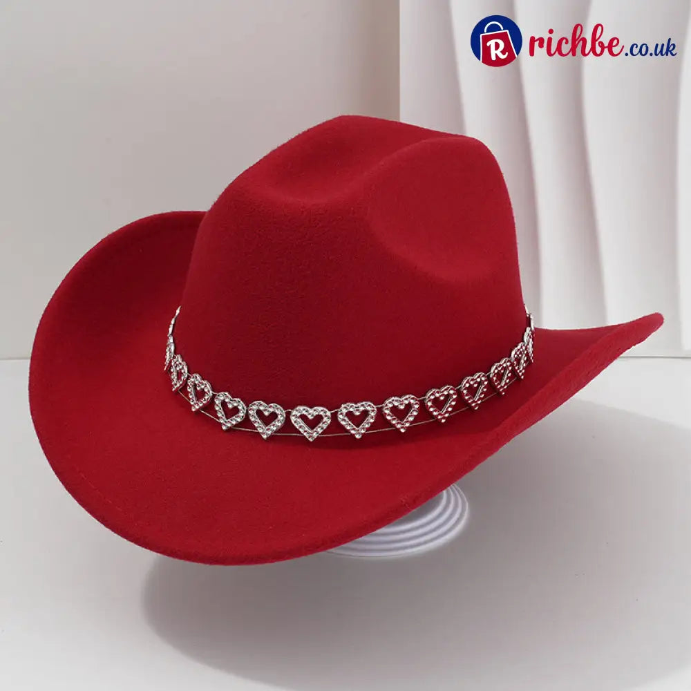 👒 Women’s Rhinestone Heart Cowboy Hat Elegant French Jazz Fedora❤️ - Red - Clothing & Accessories
