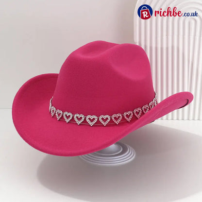 👒 Women’s Rhinestone Heart Cowboy Hat Elegant French Jazz Fedora❤️ - Rose Red - Clothing & Accessories