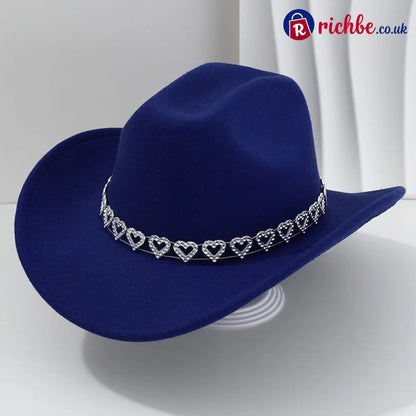 👒 Women’s Rhinestone Heart Cowboy Hat Elegant French Jazz Fedora❤️ - Royal Blue - Clothing & Accessories