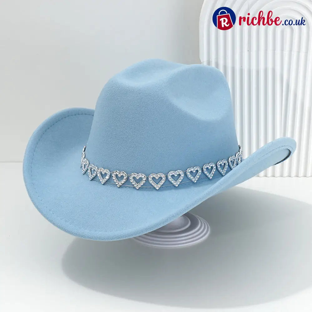 👒 Women’s Rhinestone Heart Cowboy Hat Elegant French Jazz Fedora❤️ - Sky Blue - Clothing & Accessories