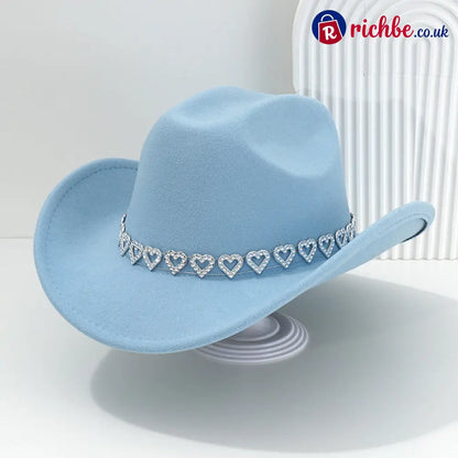 👒 Women’s Rhinestone Heart Cowboy Hat Elegant French Jazz Fedora❤️ - Sky Blue - Clothing & Accessories