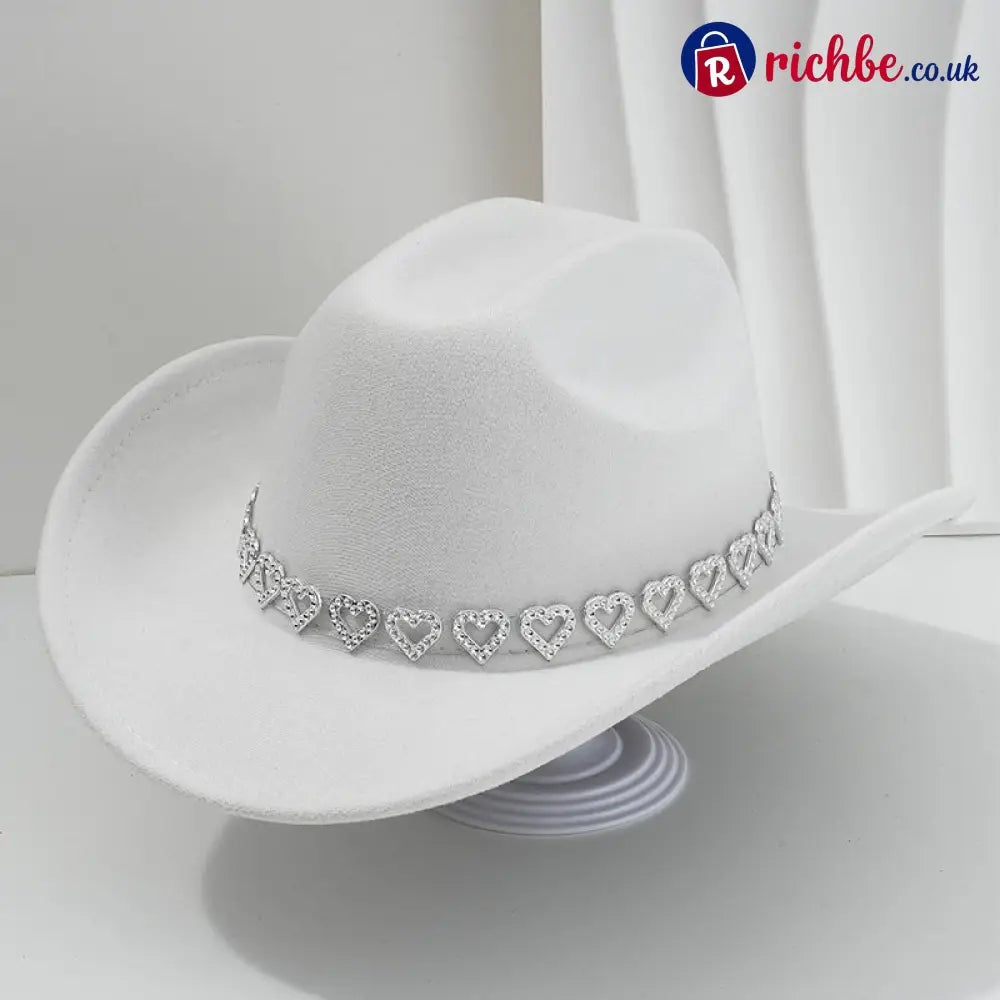 👒 Women’s Rhinestone Heart Cowboy Hat Elegant French Jazz Fedora❤️ - White - Clothing & Accessories