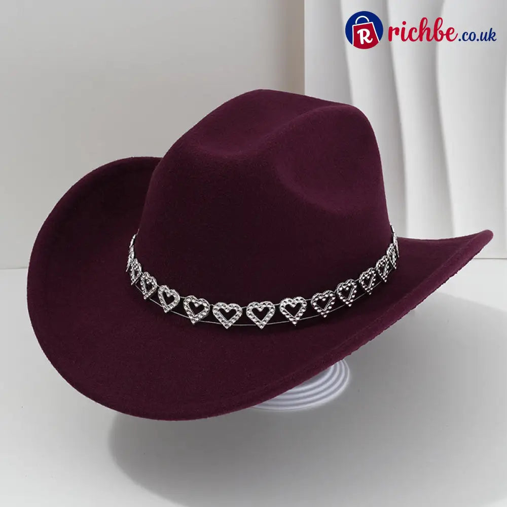 👒 Women’s Rhinestone Heart Cowboy Hat Elegant French Jazz Fedora❤️ - Wine Red - Clothing & Accessories