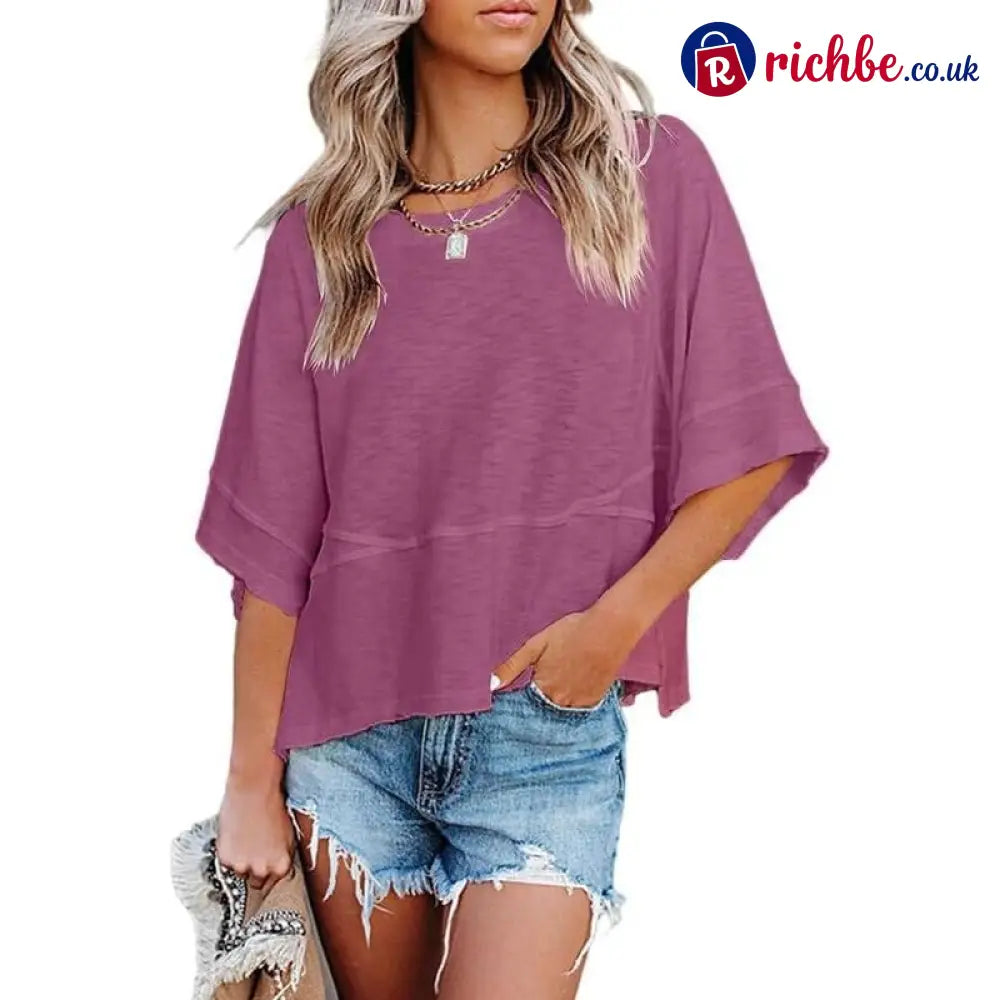 Women’s Summer Casual Crewneck Batwing Half Sleeve T-Shirts Solid Color Loose Fit Cute Basic Flowy Tops Tees Blouses
