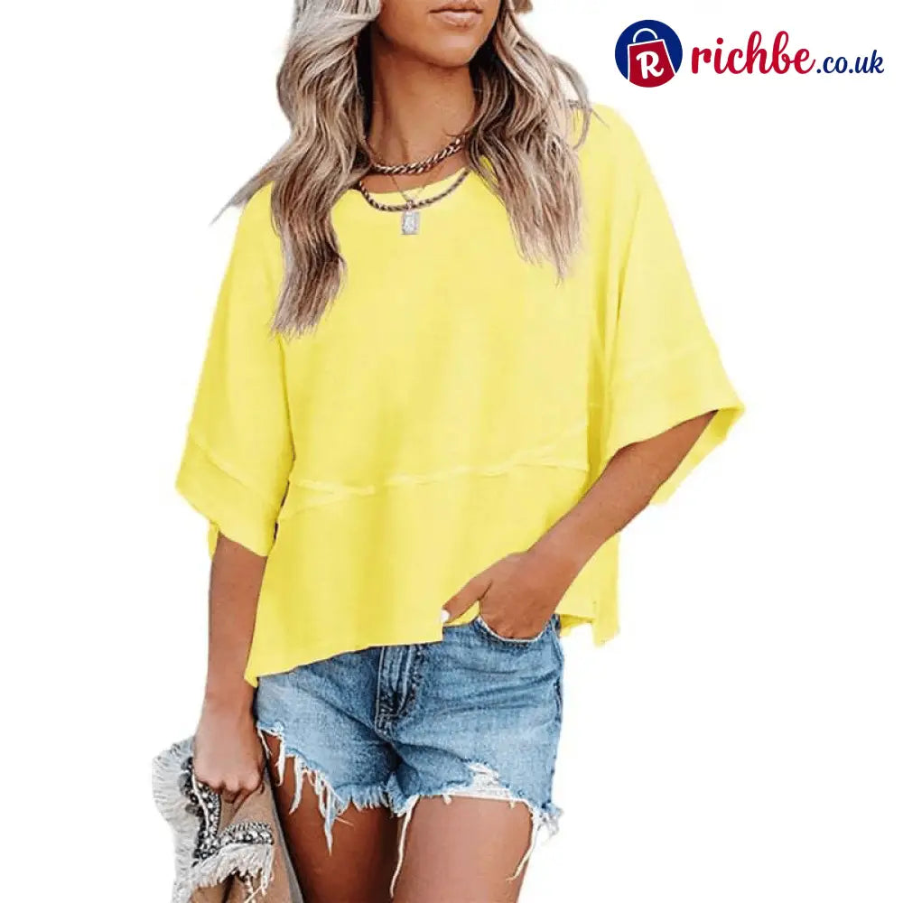Women’s Summer Casual Crewneck Batwing Half Sleeve T-Shirts Solid Color Loose Fit Cute Basic Flowy Tops Tees Blouses