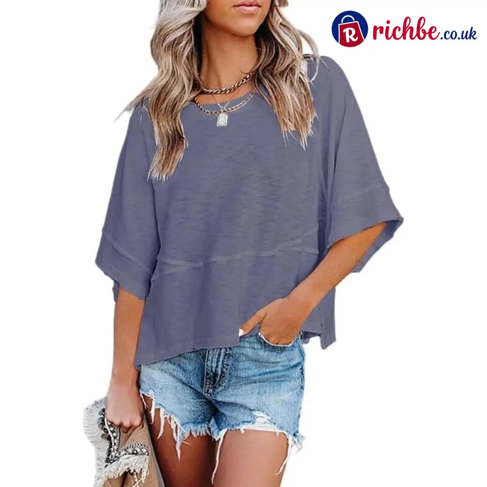 Women’s Summer Casual Crewneck Batwing Half Sleeve T-Shirts Solid Color Loose Fit Cute Basic Flowy Tops Tees Blouses