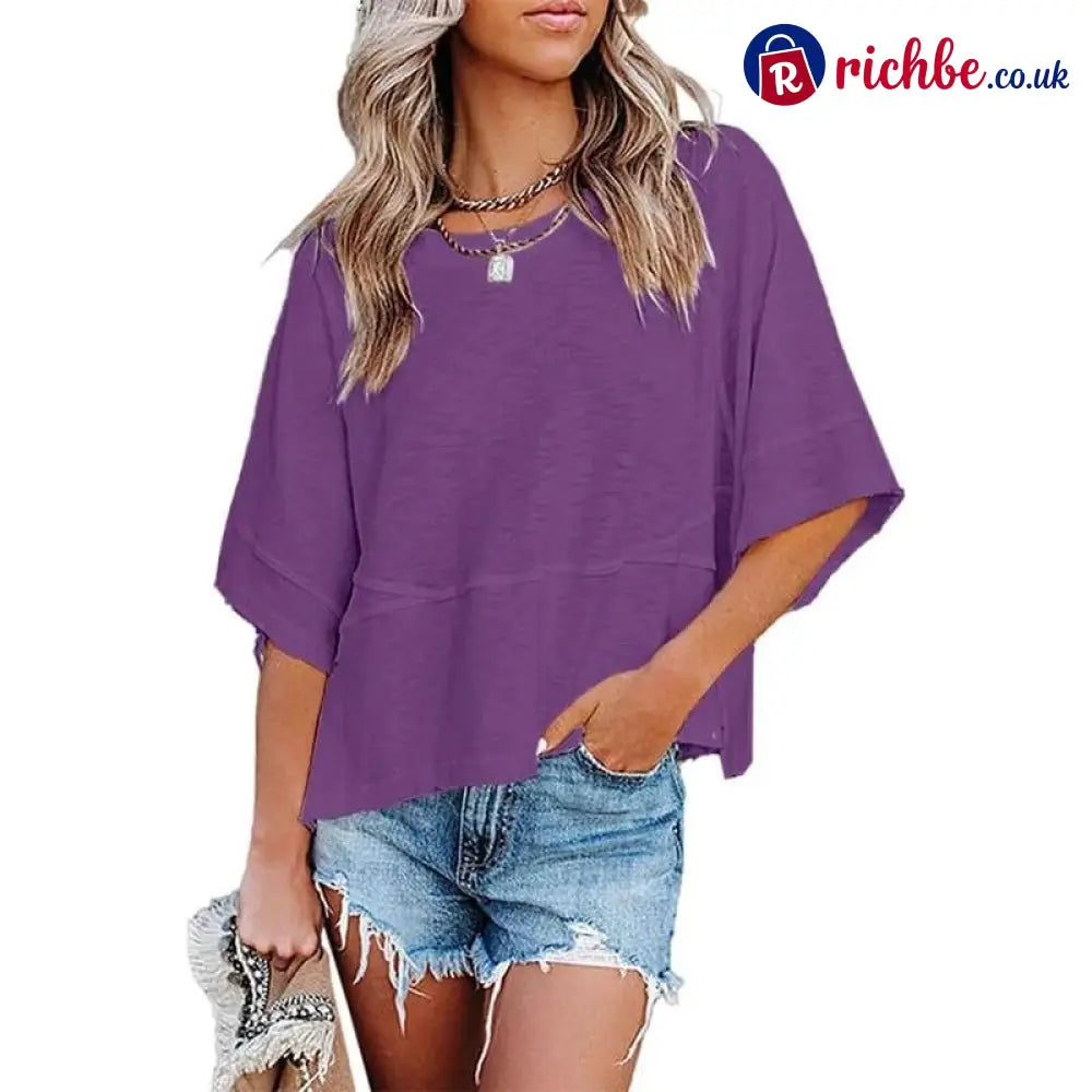 Women’s Summer Casual Crewneck Batwing Half Sleeve T-Shirts Solid Color Loose Fit Cute Basic Flowy Tops Tees Blouses