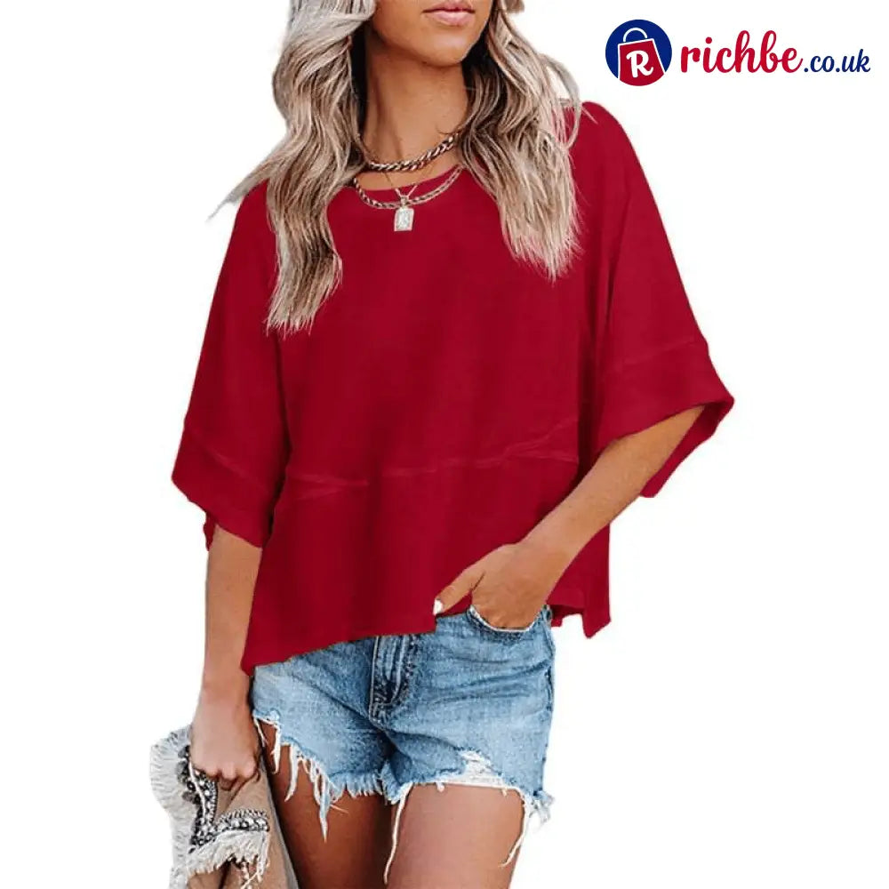 Women’s Summer Casual Crewneck Batwing Half Sleeve T-Shirts Solid Color Loose Fit Cute Basic Flowy Tops Tees Blouses