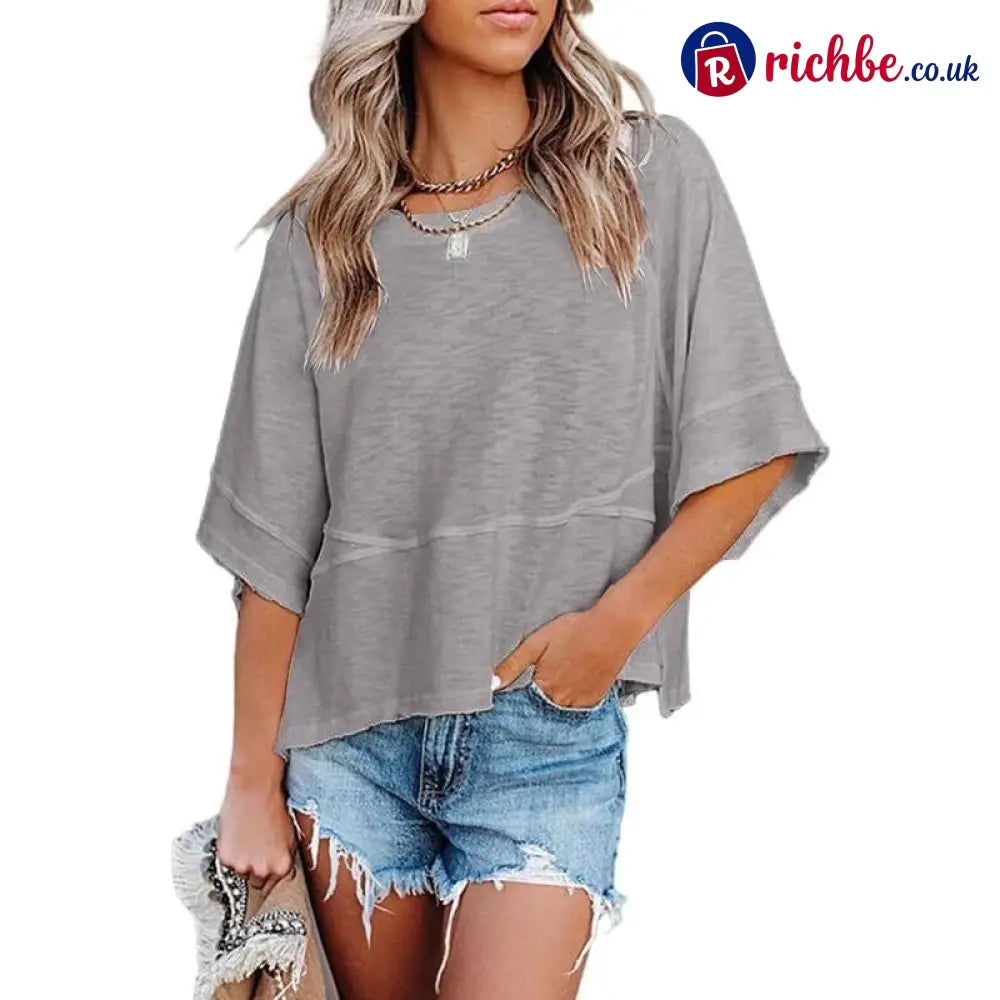 Women’s Summer Casual Crewneck Batwing Half Sleeve T-Shirts Solid Color Loose Fit Cute Basic Flowy Tops Tees Blouses