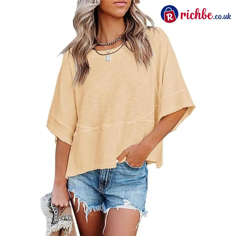 Women’s Summer Casual Crewneck Batwing Half Sleeve T-Shirts Solid Color Loose Fit Cute Basic Flowy Tops Tees Blouses