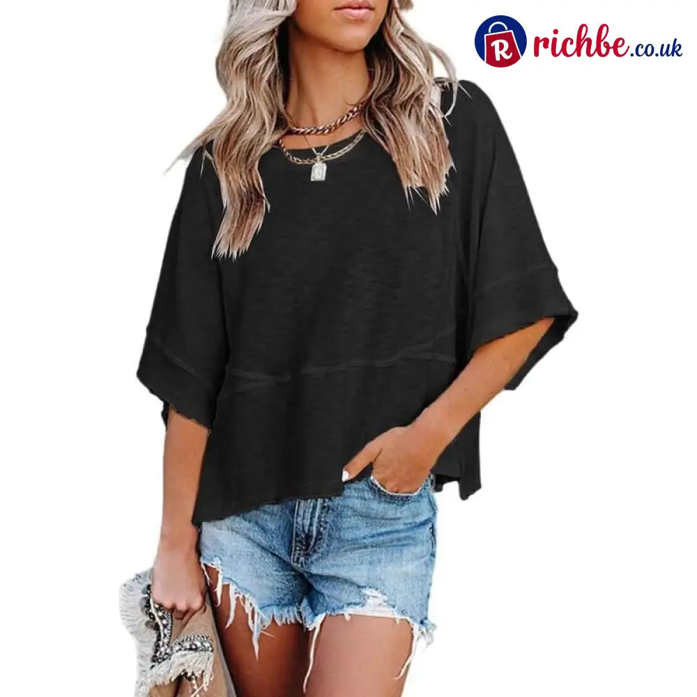 Women’s Summer Casual Crewneck Batwing Half Sleeve T-Shirts Solid Color Loose Fit Cute Basic Flowy Tops Tees Blouses