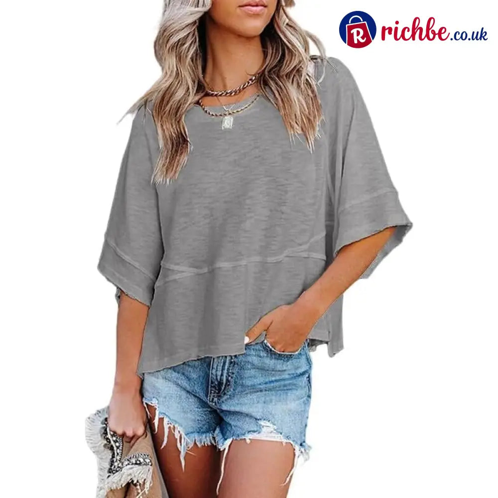 Women’s Summer Casual Crewneck Batwing Half Sleeve T-Shirts Solid Color Loose Fit Cute Basic Flowy Tops Tees Blouses