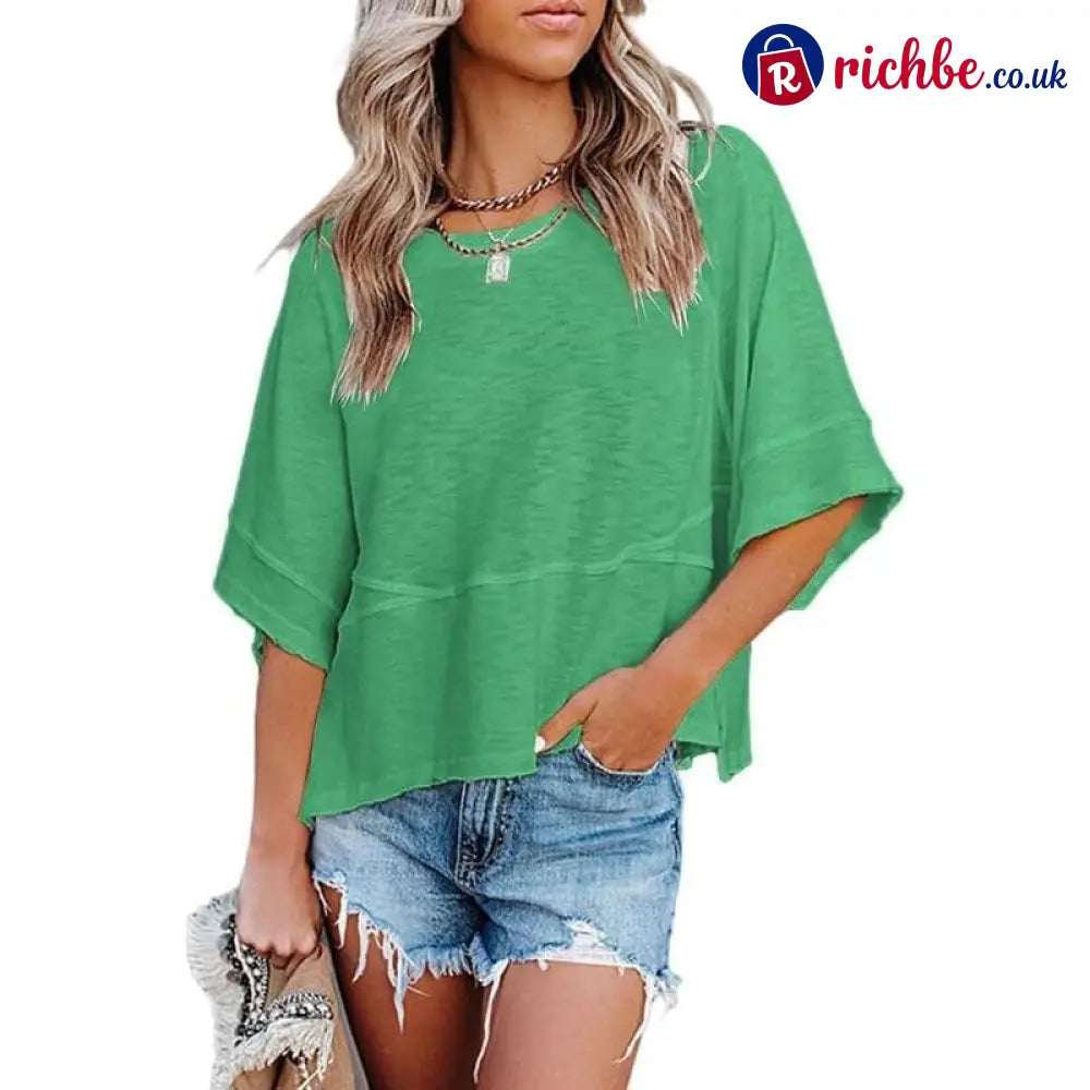 Women’s Summer Casual Crewneck Batwing Half Sleeve T-Shirts Solid Color Loose Fit Cute Basic Flowy Tops Tees Blouses