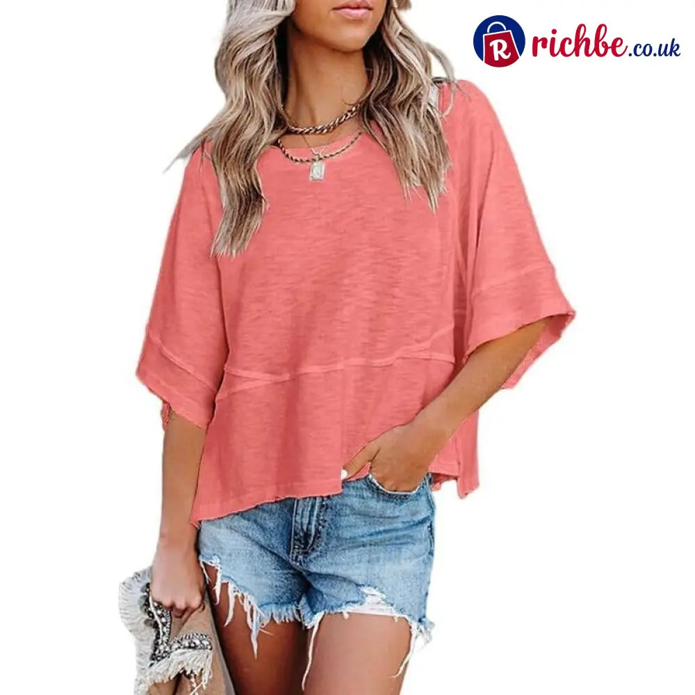 Women’s Summer Casual Crewneck Batwing Half Sleeve T-Shirts Solid Color Loose Fit Cute Basic Flowy Tops Tees Blouses