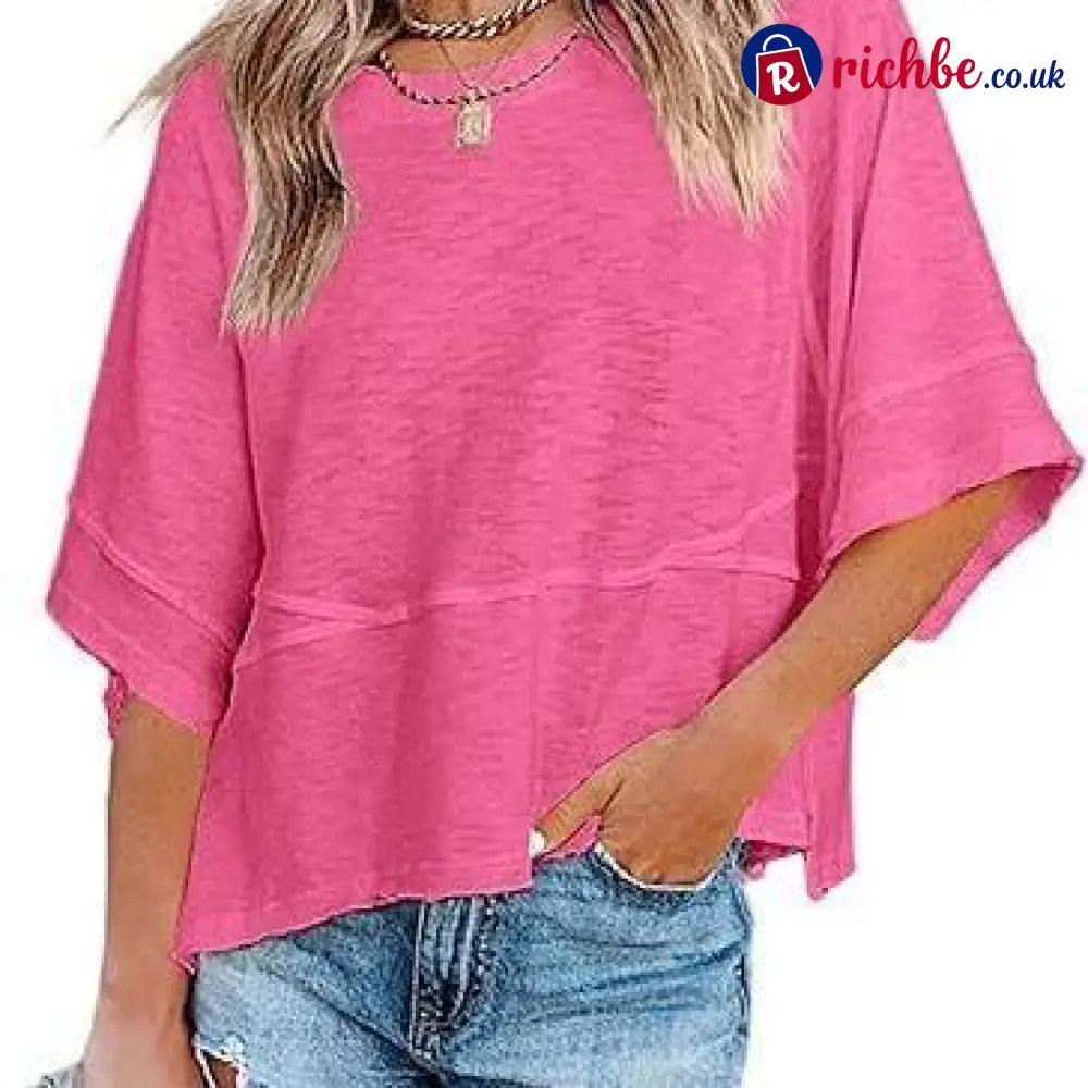 Women’s Summer Casual Crewneck Batwing Half Sleeve T-Shirts Solid Color Loose Fit Cute Basic Flowy Tops Tees Blouses