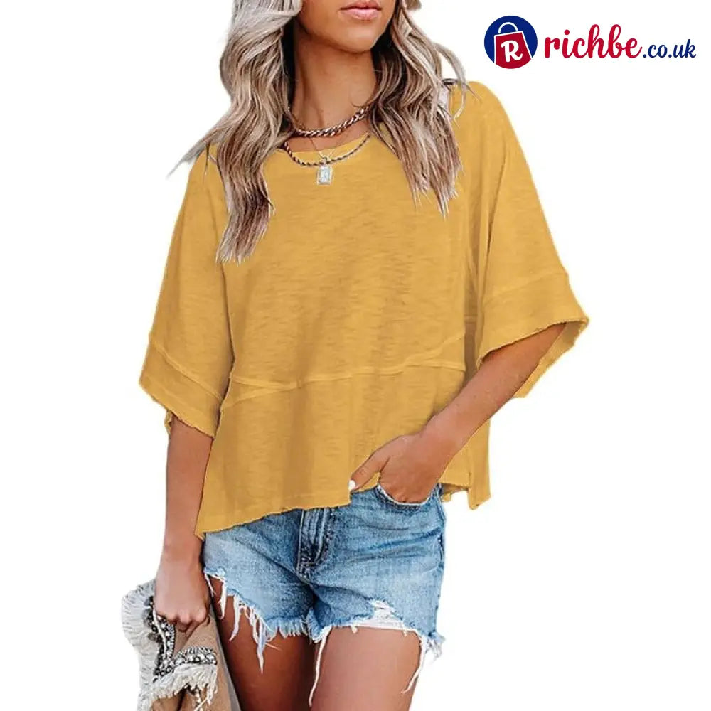 Women’s Summer Casual Crewneck Batwing Half Sleeve T-Shirts Solid Color Loose Fit Cute Basic Flowy Tops Tees Blouses