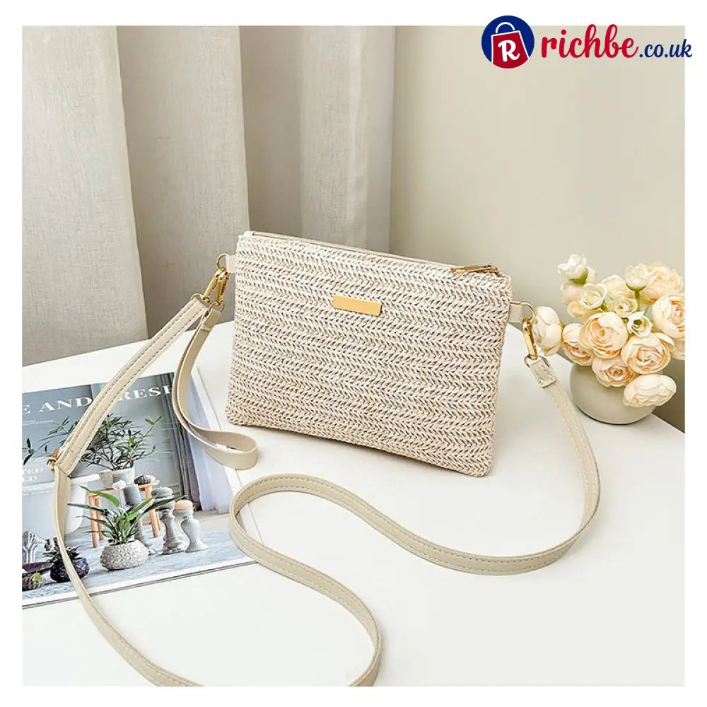Women’s Woven Straw Shoulder Clutch Bag 💖 - Beige white - Clothing & Accessories